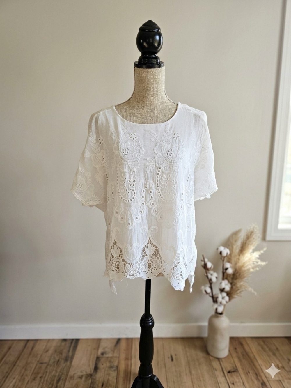 White Eyelet Lace Short Sleeve Blouse